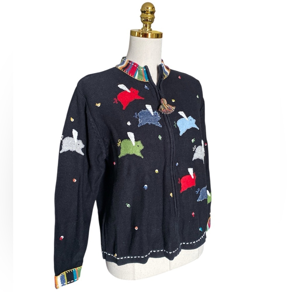 Susan Bristol "When Pigs Fly" Vintage Black Embroidered Full-Zip Cardigan Large - Picture 2 of 7